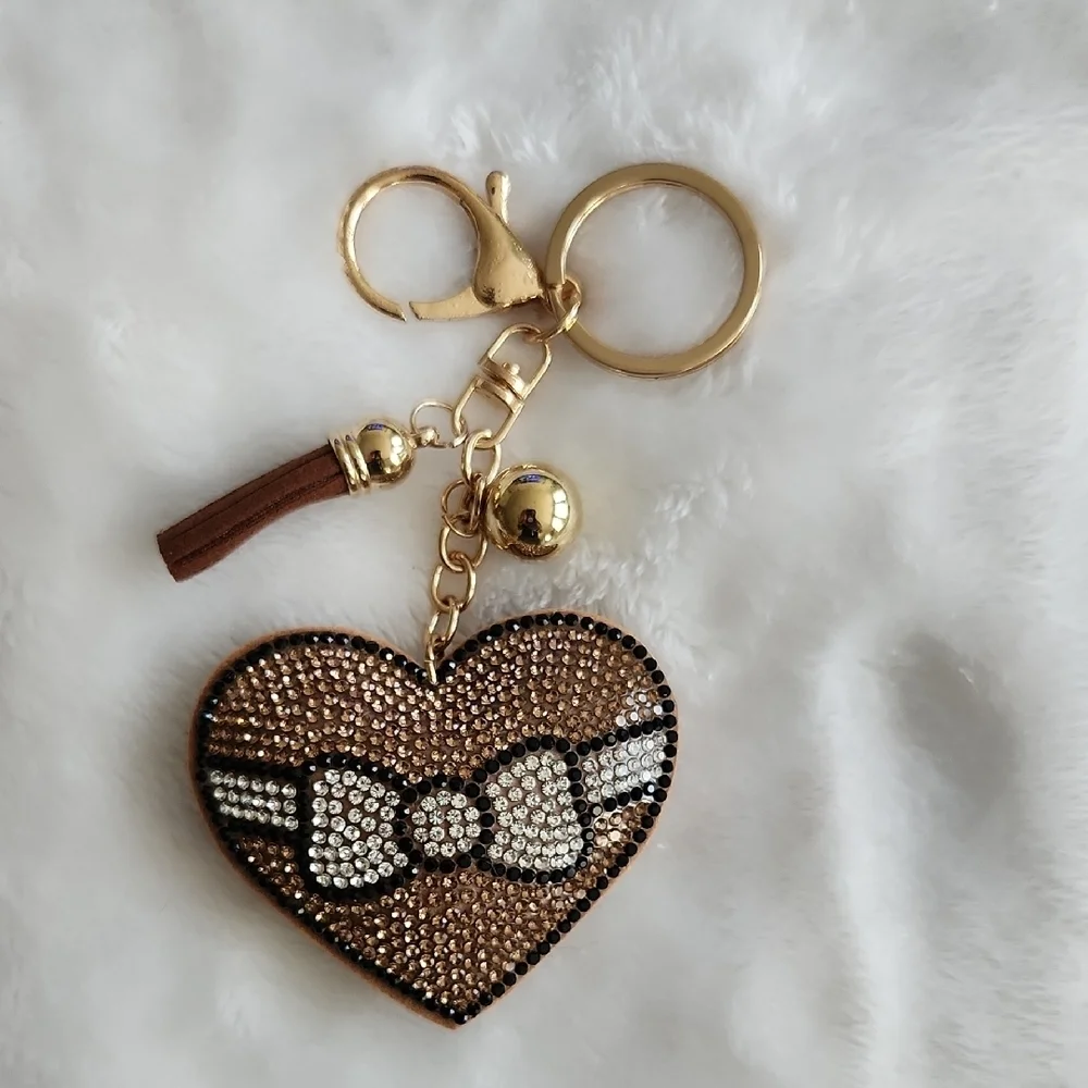 Heart-Shaped Rhinestone Keychain with Gold Accents Bag Charm - Picture 1 of 3